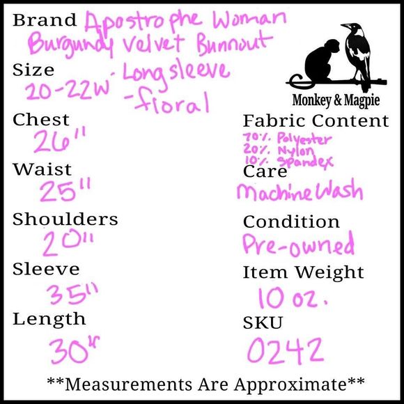 Apostrophe Woman Burgundy Red Velvet Burnout Top 20-22W Holiday Date Night - Picture 7 of 7